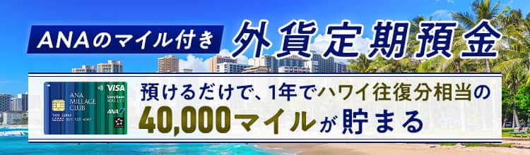 ANAのマイル付き外貨定期預金　預けるだけで、1年でハワイ往復分相当の40,000マイルが貯まる