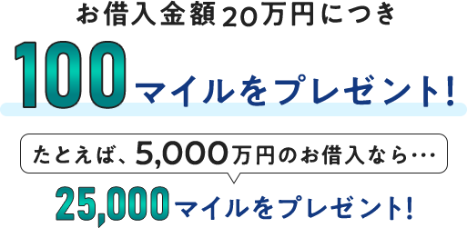 お借入金額20万円につき100マイルをプレゼント！たとえば、5,000万円のお借入なら・・・25,000マイルをプレゼント！