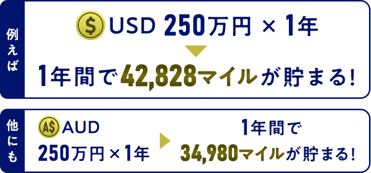 例えばUSD250万円×1年　1年間で42,828マイルが貯まる！他にもAUD250万円×1年　1年間で34,980マイル貯まる！