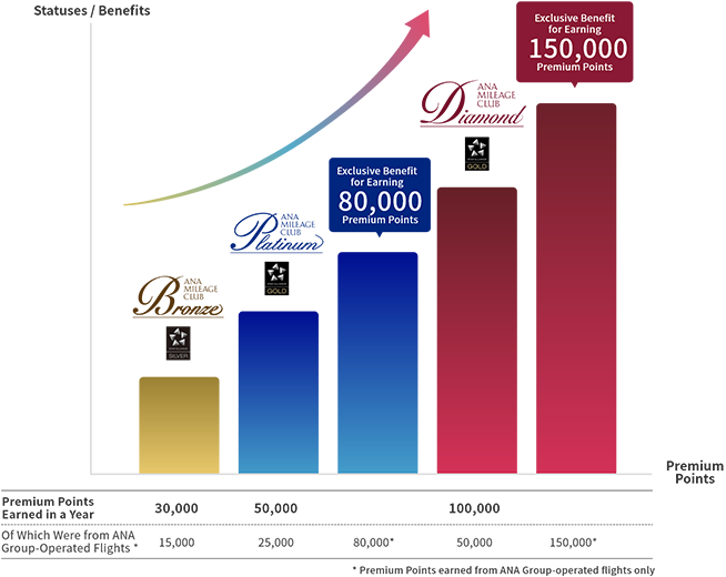 Status shifts for frequent flyers. Upgrade gradually from standard membership to our Bronze, Platinum and Diamond Service statuses. Exclusive benefits will be offered when you gain 80,000 and 150,000 Premium Points.