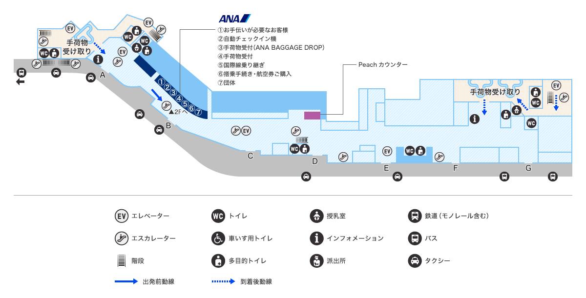 1階 出発/到着フロアにあるANA国内線カウンター1番に「お手伝いが必要なお客様専用カウンター」がございます。
