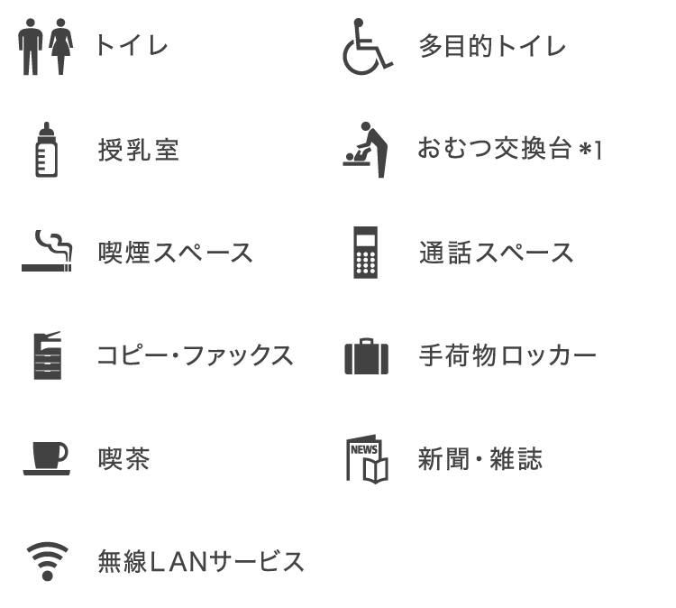 トイレ、多目的トイレ、授乳室、おむつ交換台*1、喫煙スペース、通話スペース、コピー・ファックス、手荷物ロッカー、喫茶、新聞・雑誌、無線LANサービス