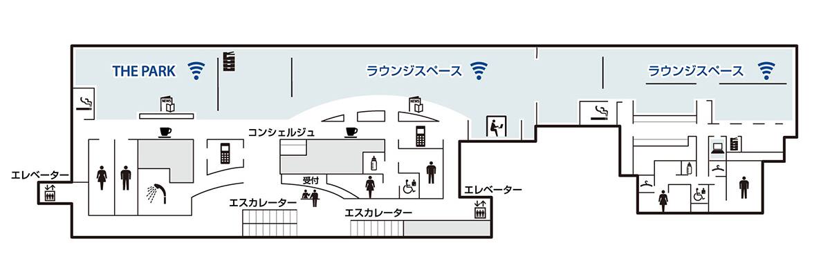 ANA SUITE LOUNGEのラウンジマップ。設備のご案内。保安検査後4階へのエスカレーターを上ると受付があり、受付前のフロア左右両端にそれぞれエレベーターがございます。受付を通過した左手には通話スペース、THE PARKのエリアがございます。奥に喫煙スペース、向かいにトイレ、喫茶エリアがあり、喫茶エリア手前の通路を進むとシャワールームがございます。THE PARKのエリア横にはコピー・ファックスが配置されております。受付を通過した右手にはコンシェルジュがおり、その先ラウンジスペースがございます。向かいに喫茶エリア、通話スペースがあり、間の通路を進むと授乳室、トイレ、多目的トイレがございます。THE PARKのエリアとこのラウンジスペースにはそれぞれ新聞、雑誌をご用意しております。さらに奥にあるラウンジスペースへ進む途中に防音個室ブースと喫煙スペースがございます。奥のラウンジスペースには、ビジネスコーナー、コピー・ファックスエリアがあり、ビジネスコーナー手前の通路を進むと授乳室、多目的トイレ、男性用女性用トイレがあり、それぞれにフィッティングルームが配置されております。THE PARK、ラウンジスペースでは無線LANサービスのご利用が可能です。