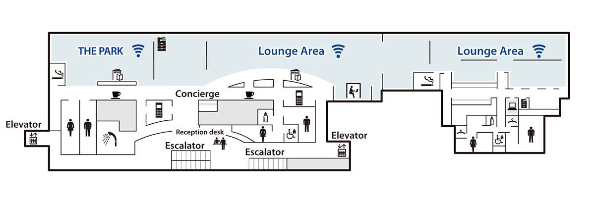 ANA SUITE LOUNGE Map. Facilities guide. After passing through security, the escalator to the 4th floor leads to the reception desk, with elevators located at both ends of this floor in front of the reception desk. Past the reception desk, on your left you will find the Phone Call Area and THE PARK. There is a smoking area at the back, with the toilets and the Food and Drink Area opposite, and a shower room located in the corridor in front of the Food and Drink Area. A photocopier/fax machine is located next to THE PARK. The Concierge is to the right as you go past the reception desk, with the Lounge Area beyond that. There is a Food and Drink Area and Phone Call Area opposite, with a Nursing Room, Toilets and Multi-purpose Lavatory located in the hallway between them. Newspapers and magazines are available in this lounge area and in THE PARK. On the way to the further Lounge Area are Soundproof Work Booths and the Smoking Area. Located in the further Lounge Area is a Business Area and Photocopy/Fax Machine Area. The hallway in front of the Business Area leads to the Nursing Room, Multi-purpose Lavatory, and men's and women's toilets each with their own changing room. Wi-Fi is available in THE PARK and Lounge Areas.