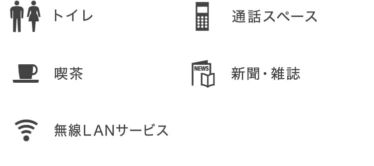 トイレ、通話スペース、喫茶、新聞・雑誌、無線LANサービス