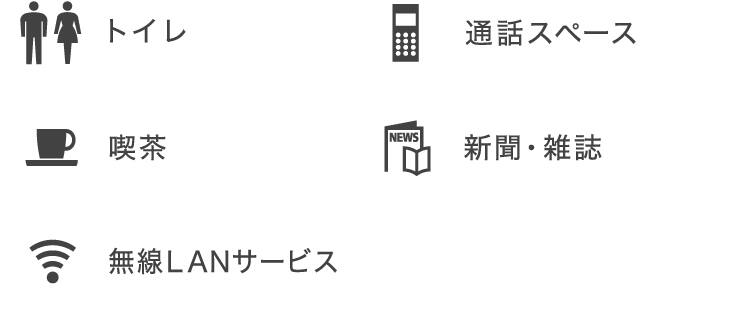 トイレ、通話スペース、喫茶、新聞・雑誌、無線LANサービス