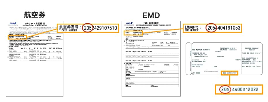 ANAで発券された航空券/EMD番号（eチケットお客様控）イメージ