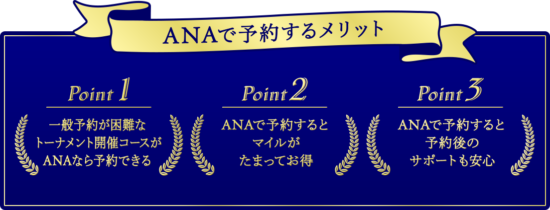 ANAで予約するメリットは3点　1.予約困難コースの予約が可能　2.マイルがたまる　3.予約後のサポートも安心