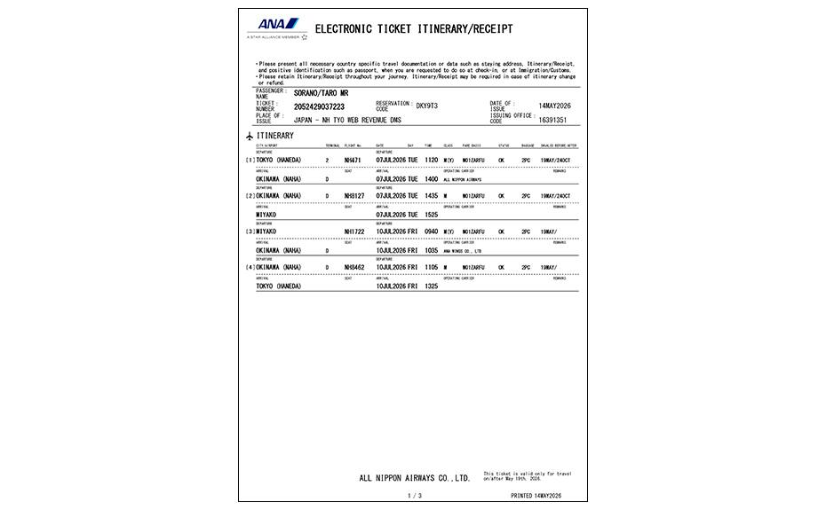 e-ticket itinerary/receipt
