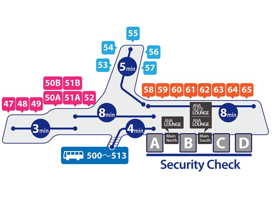 ANA SUITE LOUNGE is located on the 4th floor of Main Building South, ANA LOUNGE (Main South) is located on the 3rd floor of Main Building South by gate 62 in Terminal 2.ANA LOUNGE (Main North) is located in front of gate 60.The time required to transfer between boarding gates is 5 minutes from gate 55 to gate 58, 8 minutes from gate 58 to gate 65, and 5 minutes from gate 65 to gate 68.From security checkpoint A to boarding gate 51 takes 3 minutes.