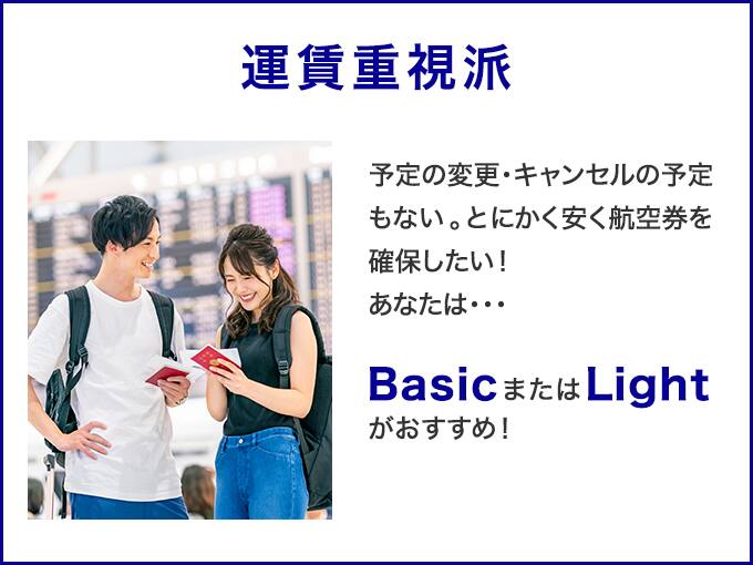 運賃重視派　予定の変更・キャンセルの予定もない。とにかく安く航空券を確保したい！あなたは・・・Basic または Lightがおすすめ！