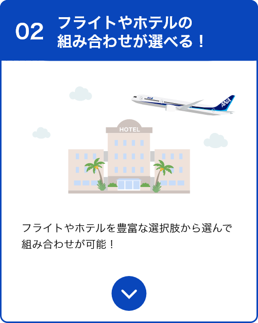 02 フライトやホテルの組み合わせが選べる！ フライトやホテルを豊富な選択肢から選んで組み合わせが可能！