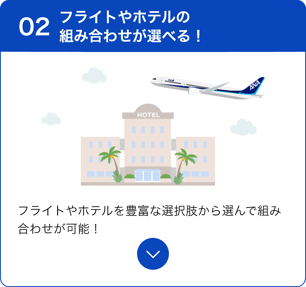 02 フライトやホテルの組み合わせが選べる！ フライトやホテルを豊富な選択肢から選んで組み合わせが可能！