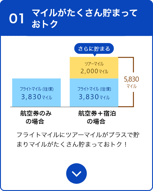 01 マイルが沢山貯まっておトク フライトマイルにツアーマイルがプラスで貯まりマイルがたくさん貯まっておトク！