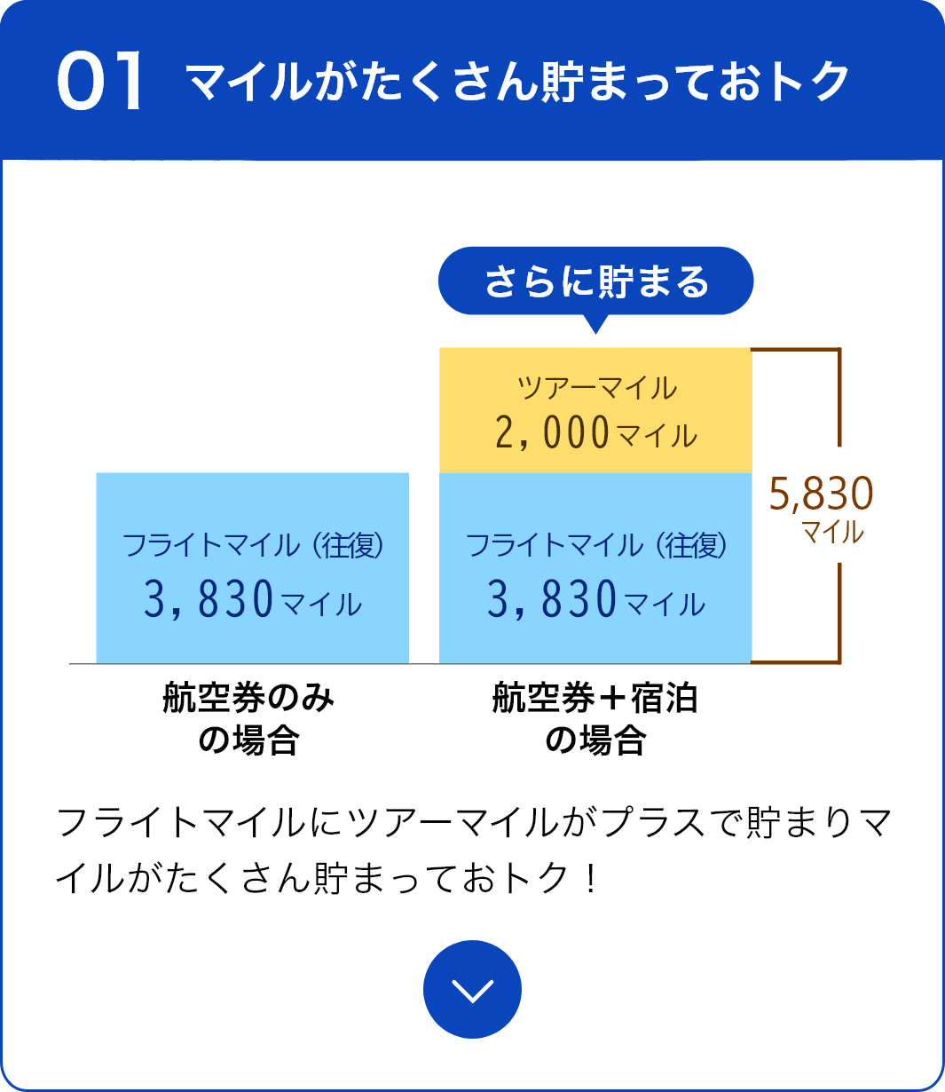 01 マイルが沢山貯まっておトク フライトマイルにツアーマイルがプラスで貯まりマイルがたくさん貯まっておトク！