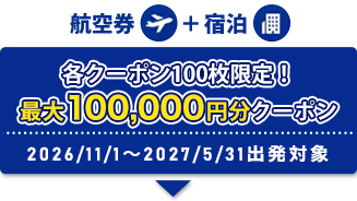 航空券+宿泊 各クーポン100枚限定！ 最大100,0000円分クーポン 2026/11/1～ 2027/5/31出発対象