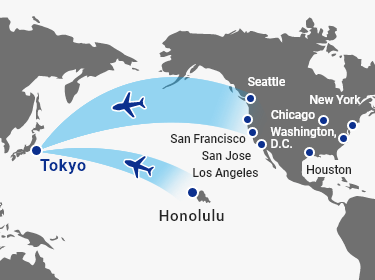 ANA's flight route map from US cities to Tokyo
