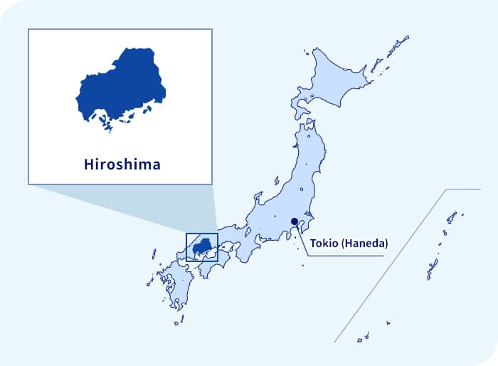 Karte von Japan. Hiroshima liegt westlich von Tokio (Haneda)