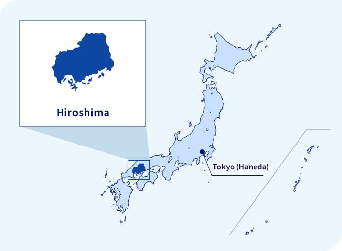 Map of Japan. Hiroshima located west of Tokyo (Haneda)