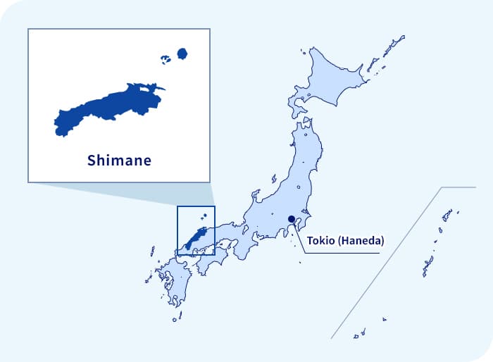 Karte von Japan. Shimane liegt westlich von Tokio (Haneda)