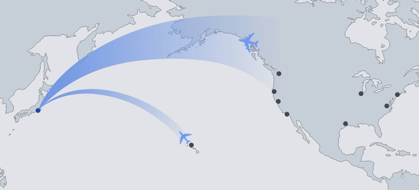 ANA's flight route map from US cities to Tokyo