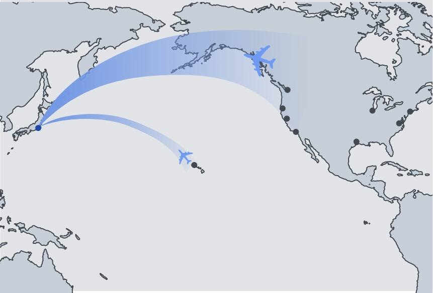 ANA's flight route map from US cities to Tokyo