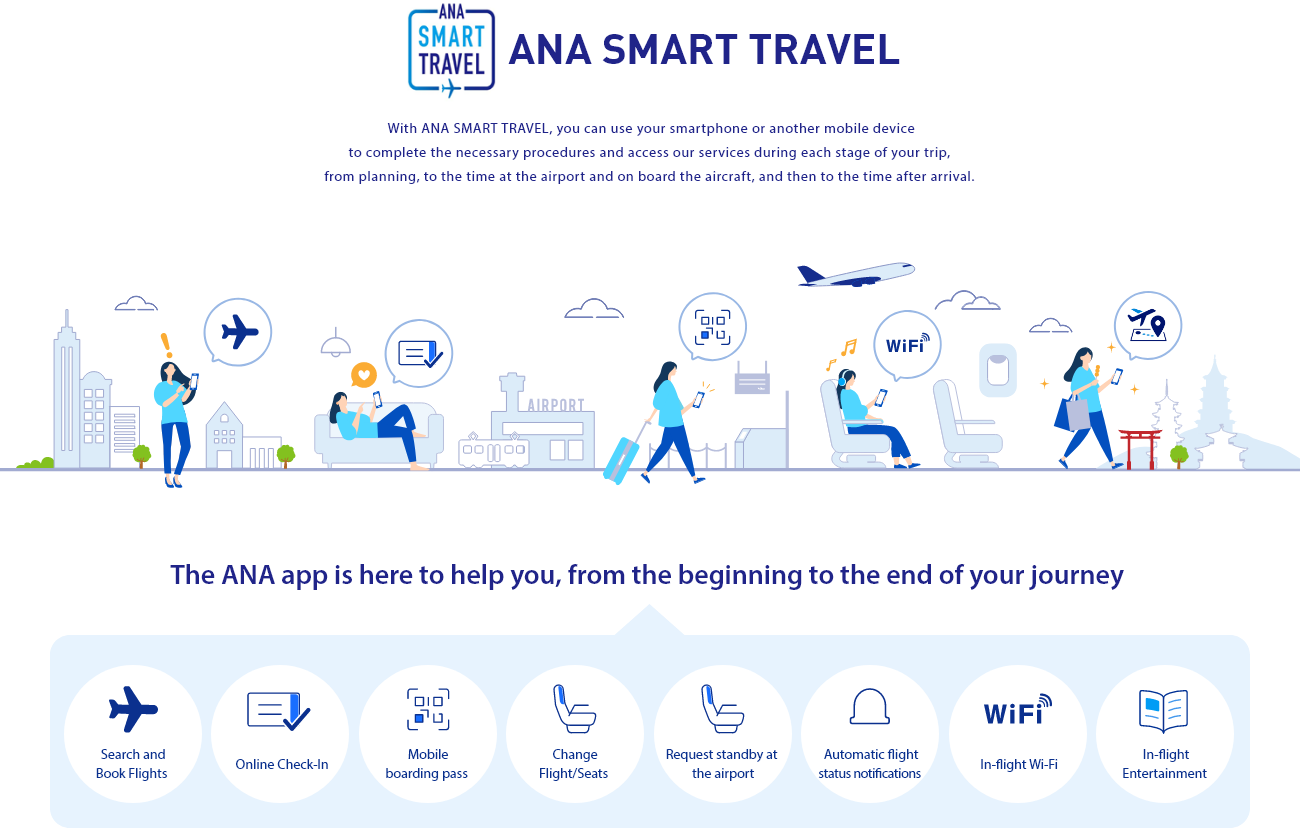 ANA SMART TRAVEL From planning, to the time at the airport and on board the aircraft, and then to the time after arrival. You can use your smartphone or another mobile device to help you during each stage of your trip. The ANA app is here to help you, from the beginning to the end of your journey.(Search and book flights, online check-in, mobile boarding pass, change flight/seats, standby at the airport, automatic flight status notifications, in-flight Wi-Fi, in-flight entertainment)