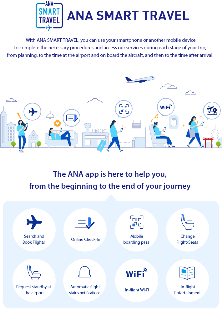 ANA SMART TRAVEL From planning, to the time at the airport and on board the aircraft, and then to the time after arrival. You can use your smartphone or another mobile device to help you during each stage of your trip. The ANA app is here to help you, from the beginning to the end of your journey.(Search and book flights, online check-in, mobile boarding pass, change flight/seats, standby at the airport, automatic flight status notifications, in-flight Wi-Fi, in-flight entertainment)