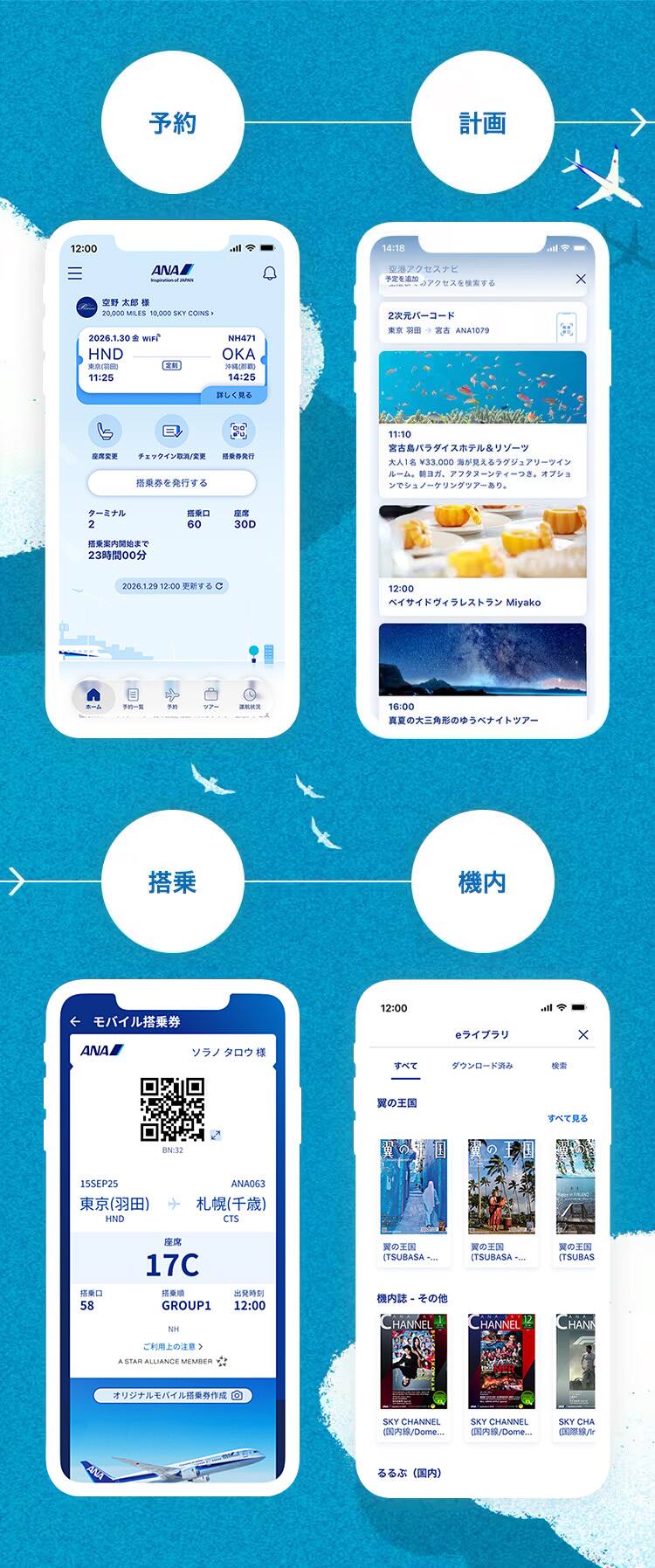 ANAアプリ ご予約やご搭乗をもっとスムーズに。「予約」「計画」「搭乗」「機内」ご搭乗までのお手続きをアプリひとつで。