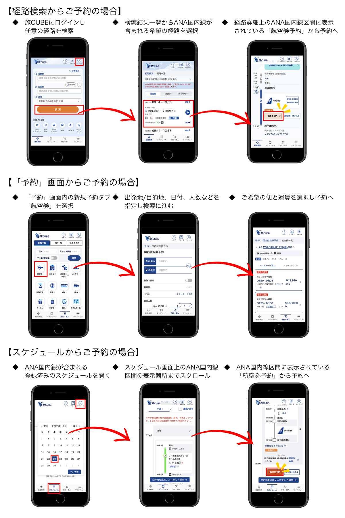 「経路検索からご予約の場合」：旅CUBEにログインし任意の経路を検索 検索結果一覧からANA国内線が含まれる希望の経路を選択 経路詳細上のANA国内線区間に表示されている「航空券予約」から予約へ 「「予約」画面からご予約の場合」：「予約」画面内の新規予約タブ「航空券」を選択 出発地/目的地、日付、人数などを指定し検索に進む ご希望の便と運賃を選択し予約へ 「スケジュールからご予約の場合」：ANA国内線が含まれる登録済みのスケジュールを開く スケジュール画面上のANA国内線区間の表示箇所までスクロール ANA国内線区間に表示されている「航空券予約」から予約へ