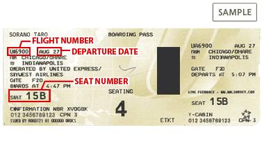 The information that must be entered FLIGHT NUMBER, DEPARTURE DATE, SEAT NUMBER.(UA)