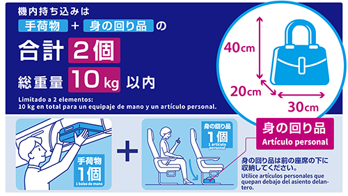Limitado a 2 elementos: 10 kg en total para un equipaje de mano y un artículo personal. Utilice artículos personales que quepan debajo del asiento delantero.
