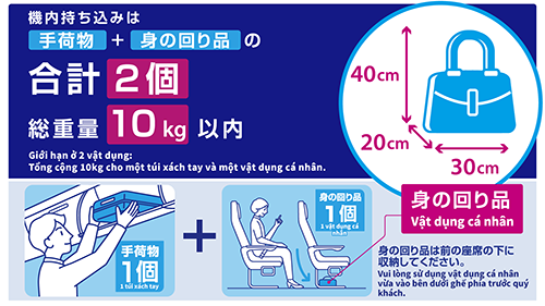 Giới hạn ở 2 vật dụng: Tổng cộng 10kg cho một túi xách tay và một vật dụng cá nhân. Vui lòng sử dụng vật dụng cá nhân vừa vào bên dưới ghế phía trước quý khách.