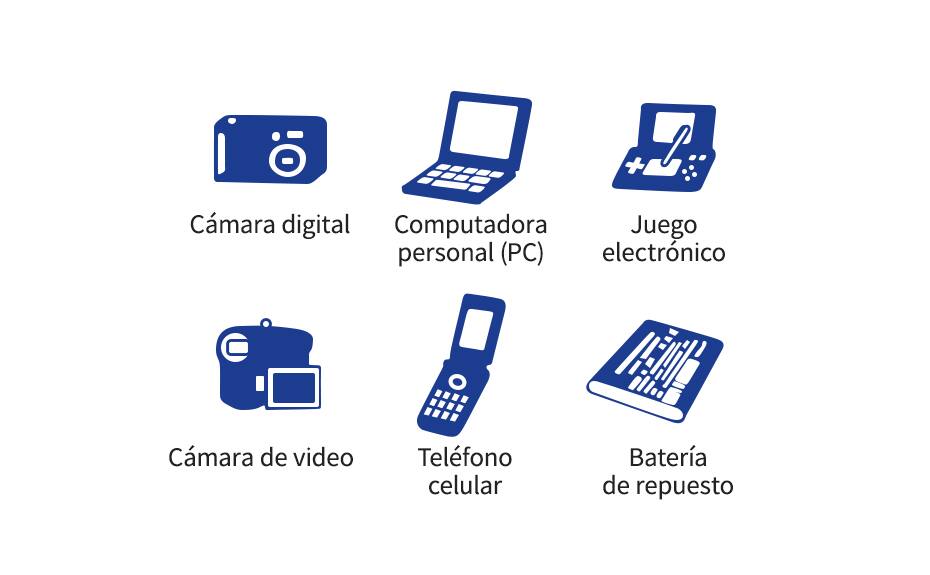 Cámara digital, computadora personal (PC), juego electrónico, cámara de video, teléfono celular, batería de repuesto