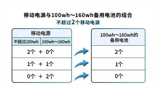 可作为手提行李携带登机的备用电池有个数限制。携带2个100Wh～不超过160Wh的移动电源时：不超过2个　携带不超过100Wh和100Wh～不超过160Wh各1个时：不超过1个　携带2个100Wh～不超过160Wh时：不可携带登机