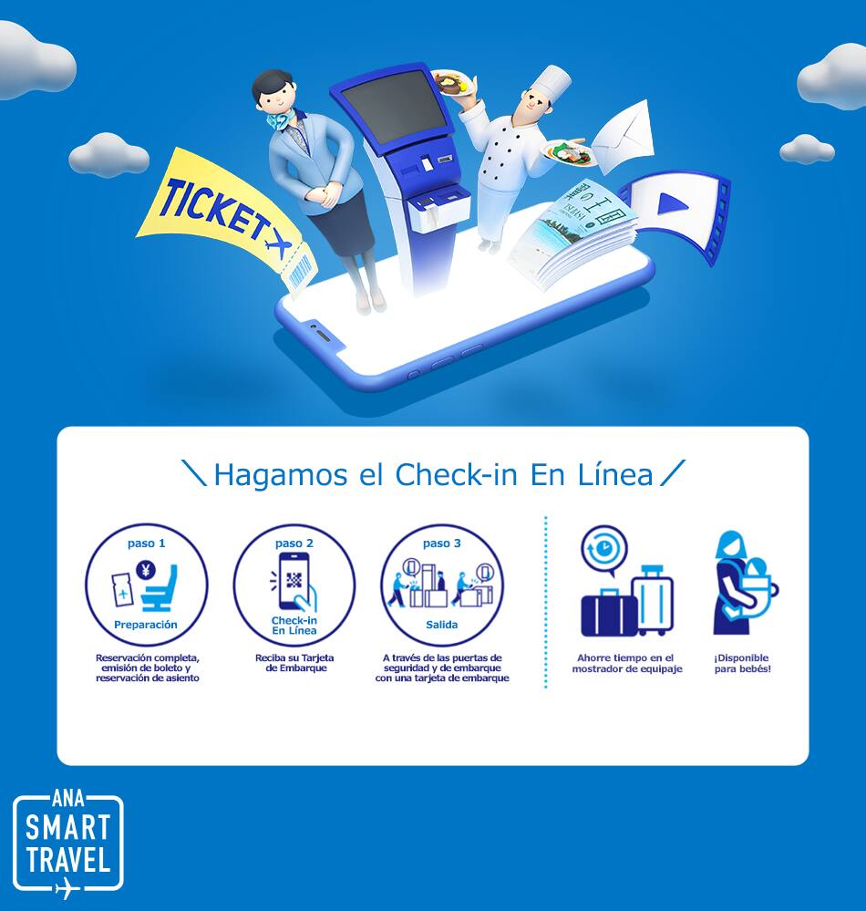 Hagamos el Check-in por Internet. Paso 1. Preparación: Reservación completa, emisión de boleto y reservación de asiento. Paso 2. Check-in en línea: Reciba su tarjeta de embarque. Paso 3. Salida A través de las puertas de seguridad y de embarque con una tarjeta de embarque. Ahorre tiempo en el mostrador de equipaje. ¡Disponible para bebés!