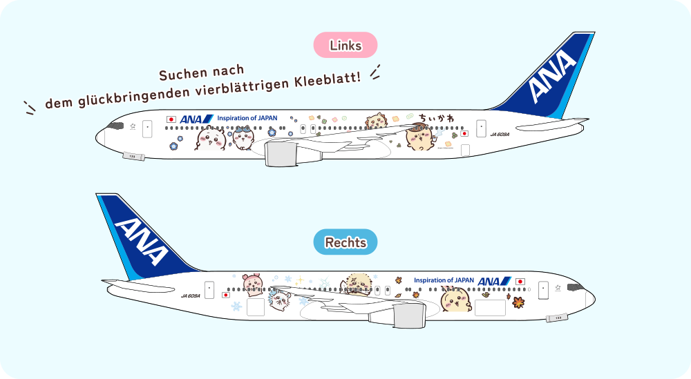 Illustration eines original ANA-Kopfstützenbezugs mit Chiikawa-Motiv. Der Slogan "Let's fly together with Chiikawa!" ist zusammen mit Charakteren wie Chiikawa, Hachiware und Usagi abgebildet.
